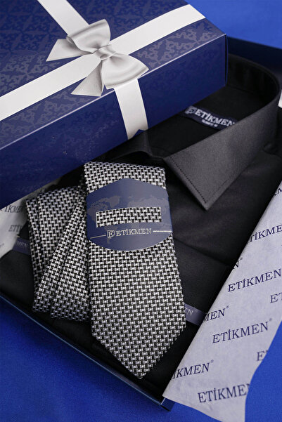 Etikmen Σετ Σατέν Γραβάτα - Μαύρο και Γκρι σχέδιο, Περιλαμβάνεται κουτί δώρου