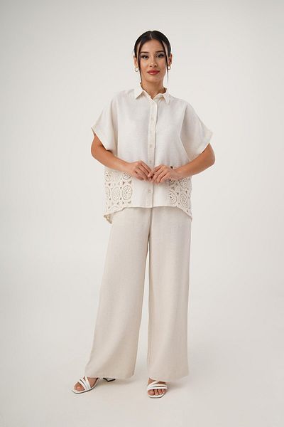 Hipo Trend Linen Trousers with Wide Leg and Front Lacing Detail