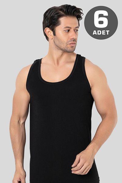 Arma Yıldız Men's Black Undershirt 6 Pack 100% Cotton Combed Comfortable and Regular Cut Underwear