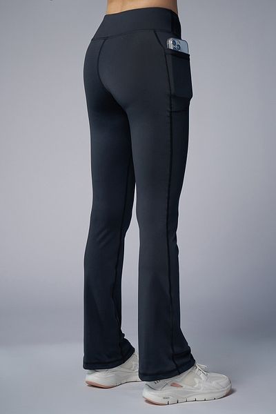 bilcee Pantaloni negri cu talie înaltă pentru femei Peak, cu buzunare, cu picior evazat, 7027