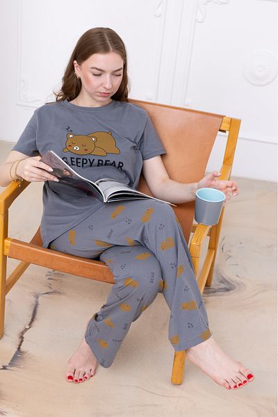 MyRia Women's Teddy Bear Patterned Pajama Set Gray