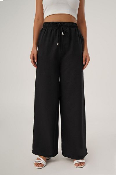 Hipo Trend Loose Cut - Linen Blended Black Trousers, Waist Lace-up
