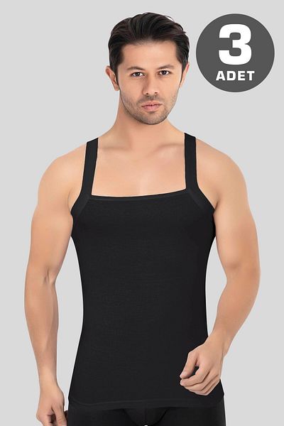 Arma Yıldız Men's Wide Bias Tank Top 100% Cotton Ribbed Black 3 Pack