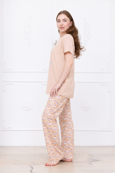 MyRia Γυναικείο Σετ Πιτζάμες με σχέδιο καφέ Μπεζ