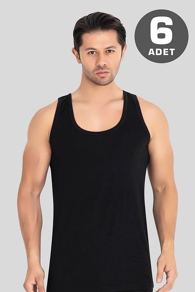 Arma Yıldız 6 Pack Black Men's Singlet 100% Cotton Combed Cotton, Breathable Underwear