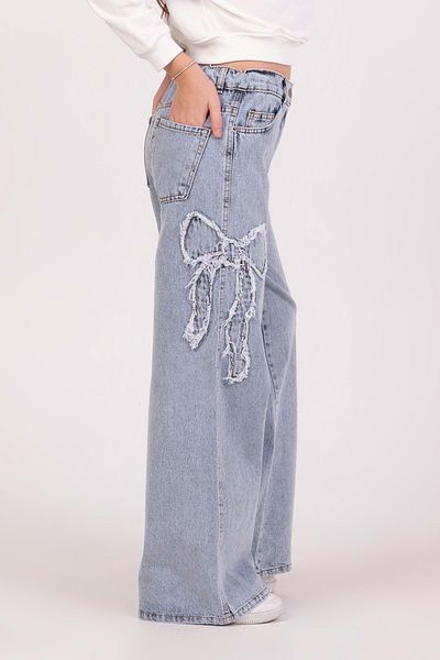 DMB BOYS & GIRLS Ribbon Bow Embroidered Girls' Jeans Soft Textured Wide Leg Loose Leg Jeans