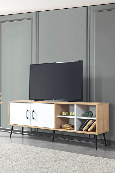 Evmo Home 3611 Şile Metal Ayaklı Metal Kulplu 160 Cm Tv Ünitesi - Beyaz Safir