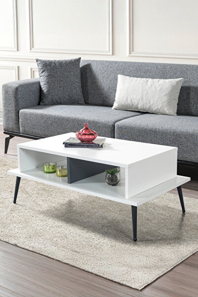 Evmo Home 2012 Şile Metal Ayaklı Orta Sehpa , Salon Sehpası Beyaz - Antrasit