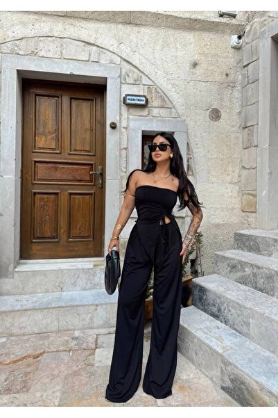 POP STORY Kadın Straplez Bağlamalı Asimetrik Kesim Bluz ve Bol Paça Pantolon