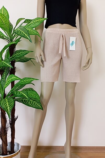 VİP BERA TEKSTİL Kadın Fitilli Çizgili Penye Raporlu Pamuklu Şort Bej