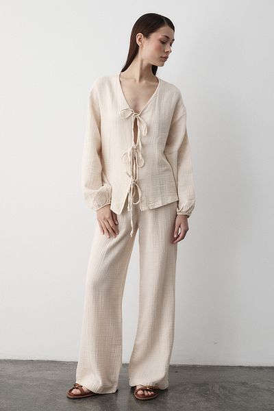 Laluvia Beige 100% Cotton Tie-Up Blouse Trousers Set - 8502