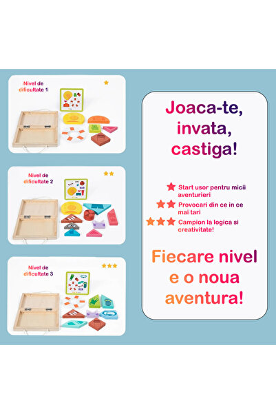 OEM Joc educativ Montessori, puzzle 3D din lemn cu 17 piese colorate și 15 cartonase ilustrate