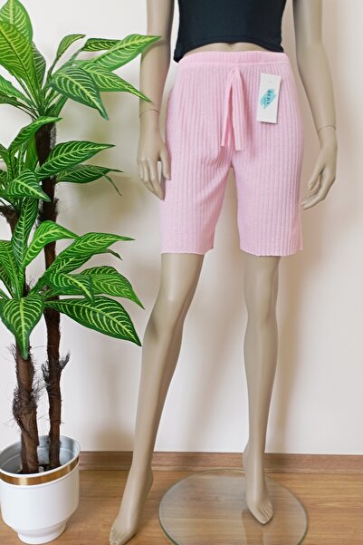 VİP BERA TEKSTİL Kadın Fitilli Çizgili Penye Raporlu Pamuklu Şort Pembe