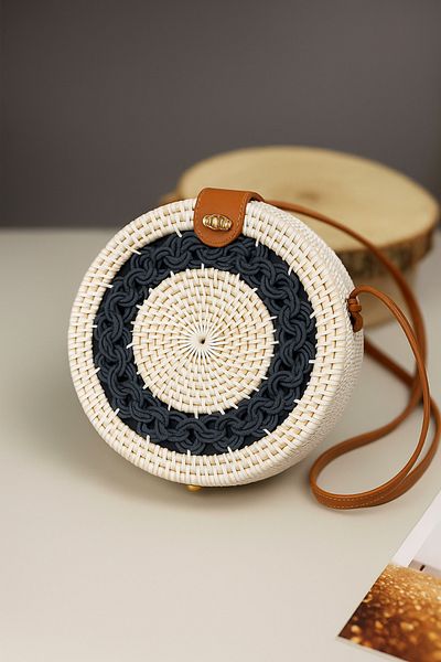 SepetçiBaba Round Rattan Straw Bag Round Patterned