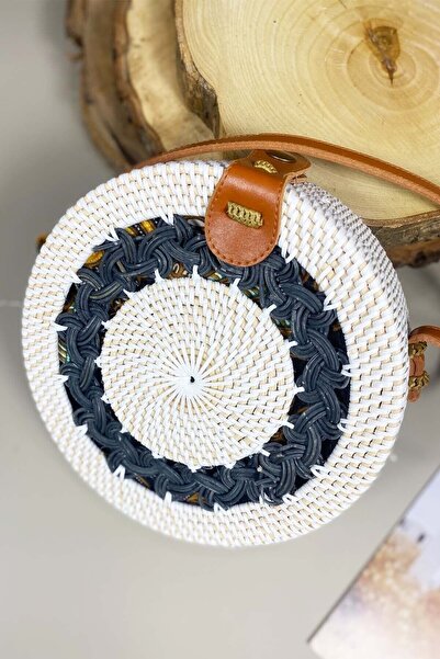 SepetçiBaba Round Rattan Straw Bag Round Patterned
