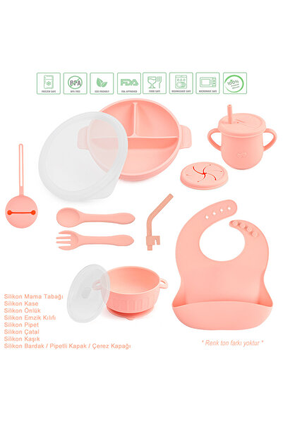 jojobebek Silikon Beslenme Seti Mama Tabağı Ve Kasesi, Emzik Kılıfı, Pipet, Önlük, Çatal-kaşık, Bardak /pembe