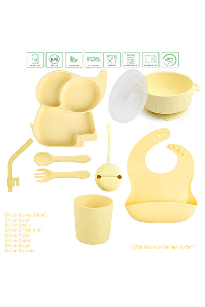 jojobebek Silikon Beslenme Seti, Mama Tabağı, Kase, Önlük, Çatal-kaşık, Pipet, Bardak, Emzik Kılıfı / Sarı