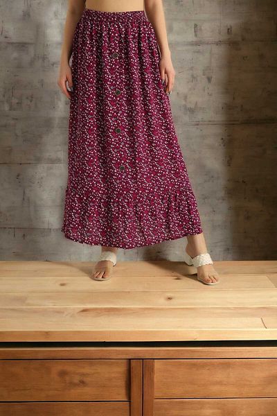 Aslında Look Patterned Woven Viscose Button Detailed A-Line Ankle Length Skirt with Elastic Waist - Product Length 90 cm Std