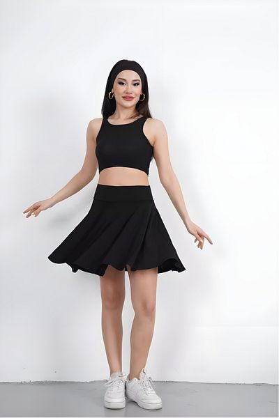 CRNSSWİMWEAR Fusta neagră cu talie înaltă pentru femei – țesătură elastică evazată, model confortabil de vară