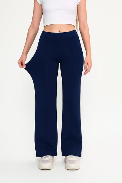 ASTRAC Modal Containing Women's High Waist Loose Wide Leg-Front Ribbed Navy Blue Trousers (New)