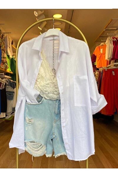 İDA ACCESSORY Kadın Oversize Standart Beden % 100 Pamuk Keten Ince Gömlek