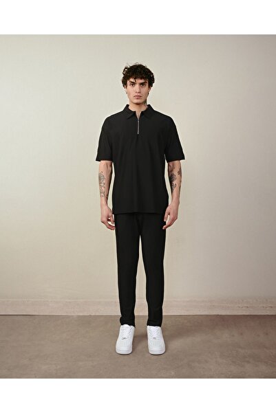 İLKCET MODA Ανδρικό μπλουζάκι με φερμουάρ Black Ottoman oversized