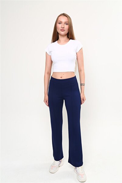 ASTRAC Modal İçeren Kadın Yüsek Bel Bol Paça önü Nervürlü Çimalı Lacivert Pantolon (Yeni)