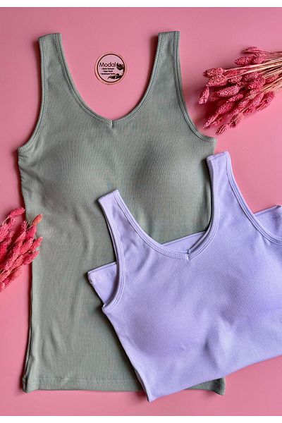 Elosia Chic Drape |   Modal 2-Piece V-Neck Bra, Green and White Color Camisole Women's Tank-Blouse