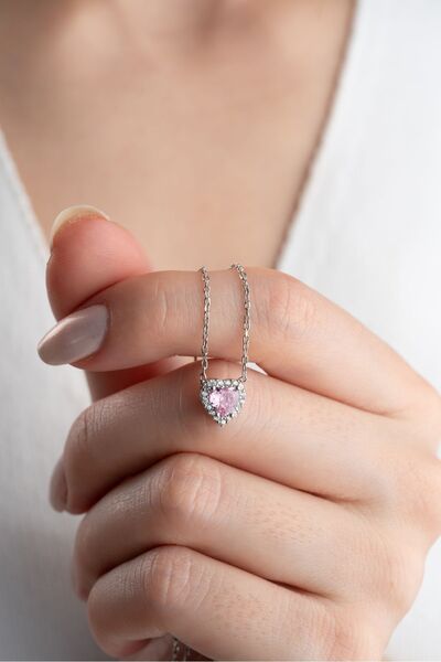 Silvano Jewelry 925 Ayar Gümüş Zirkon Taşlı Pembe Kalp Kolye