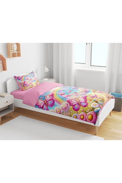 Erays Home Set de lenjerie de pat pentru o singură fetiță, imprimat digital 3D, peisaj cu flori de fluturi