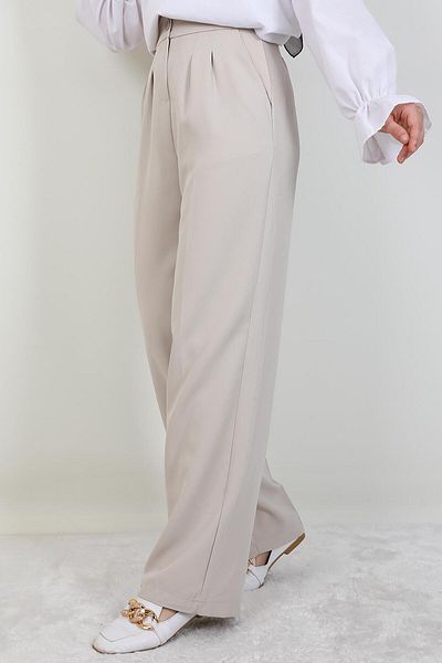GİYZAMİLA Elastic Waist Button Trousers Beige