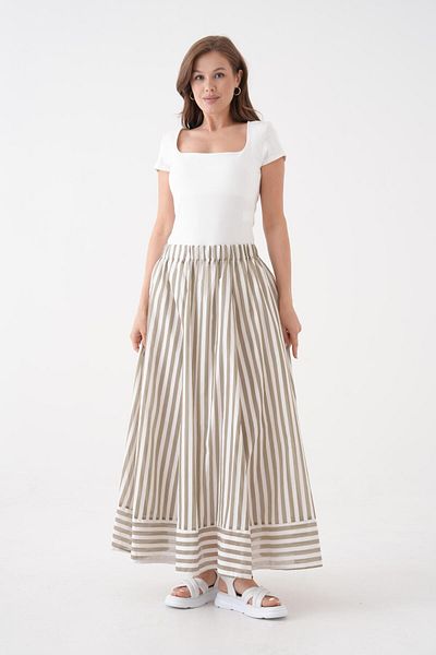 minaaise Women's Khaki Striped Modal Fabric Lined Long Skirt 29242