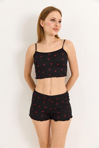 Raneel Kazançlı Alışveriş Croplu Cherry Printed Comfortable Pajama Set Black