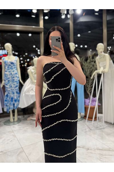 missswans Medina Stone Wave Detail Strapless Midi Length Evening Dress Black