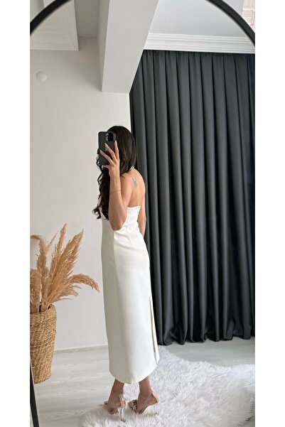 HARMONY GLOBAL Ekru Boyun Askılı Yırtmaç Detaylı Midi Elbise – Fit Kalıp, Tok Double Kumaş 146