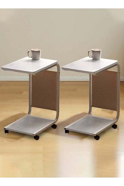Taimi 2-Piece Modern C-Shaped Laptop Table with Wheels and Side Pocket - White
