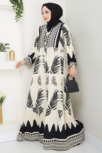 InStyle Polka Dot Palm Pattern Black Viscose Dress