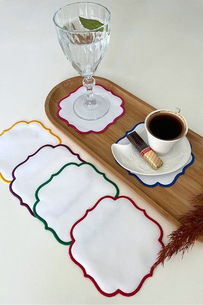 Hevia Home 6 Pieces Embroidered Coffee Side Napkin Cocktail Napkin & Coaster & Presentation Holder