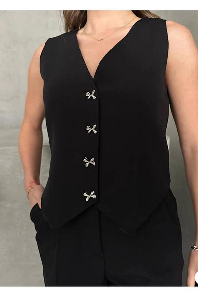 FEMİNEER.com Black Ribbon Button Design Vest Suit