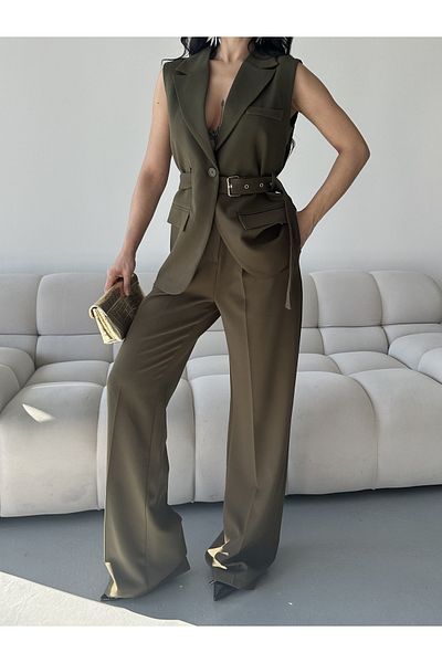 MYGİYİMİSTANBUL Belt Detail Vest Loose Pant Suit-Women's Suit
