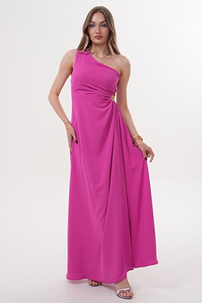 Flame İstanbul Butik Rochie lungă fucsia cu un singur umăr, cu detaliu de fereastră laterală - MCK5956