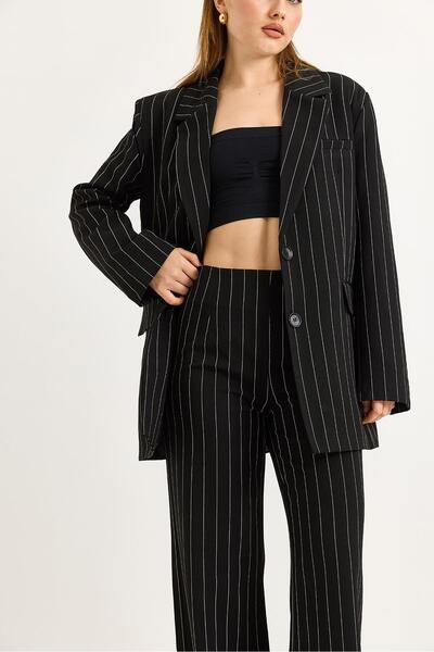 Raneel Kazançlı Alışveriş Spanish Leg Black Striped Suit with Blazer Jacket