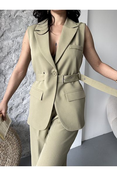 MYGİYİMİSTANBUL Belt Detail Vest Loose Pant Suit-Women's Suit