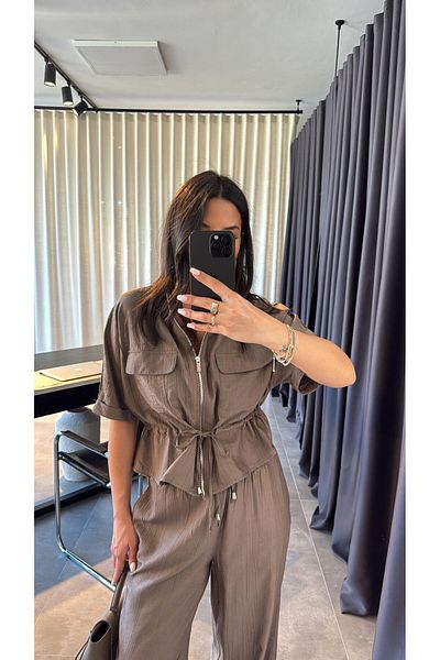 BELLA FASHION Lace-Up Short Sleeve Jacket Pants Set