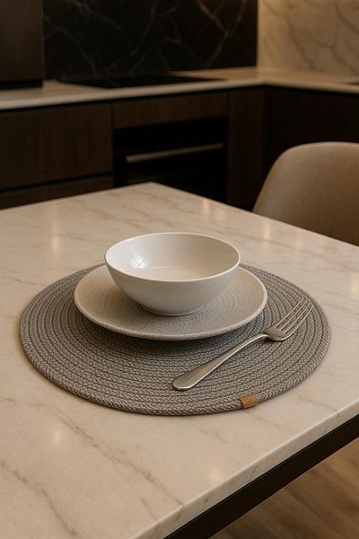Alper Banyo 4 Piece Gray Jute Supla Set, American Service Set, Luxury Presentation Plate Mat (33 X 33 cm)