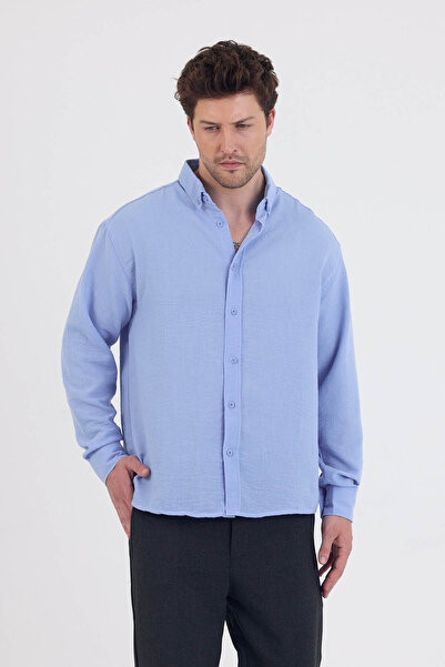 Bürke Yazlık Keten Dokulu Uzun Kollu Mavi Renk Yarım Oversize Erkek Gömlek
