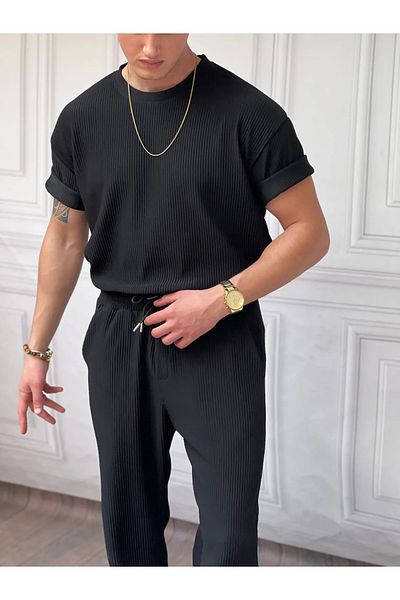viperkombin Set of 2 Ribbed Crew Neck T-Shirt and Ribbed Baggy Tracksuit Set