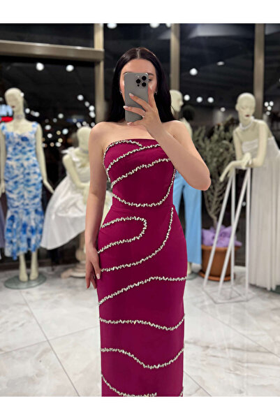 missswans Medina Taş Dalga Detay Straplez Midi Boy Abiye Fuşya