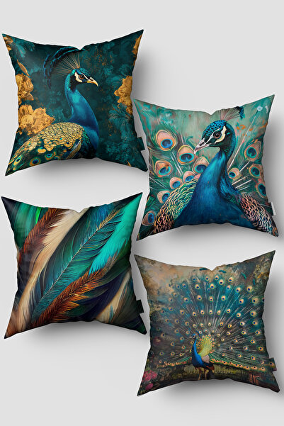 EsnafAli طقم غطاء وسادة مكون من 4 قطع منقوش عليه طاووس أخضر زمردي فيروزي