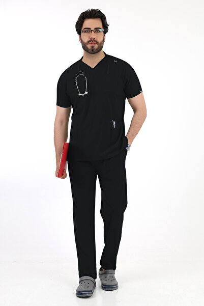 BEDUCA زي طبي أسود من الليكرا Dr Greys برقبة على شكل حرف V وأكمام وهمية، ملاب...